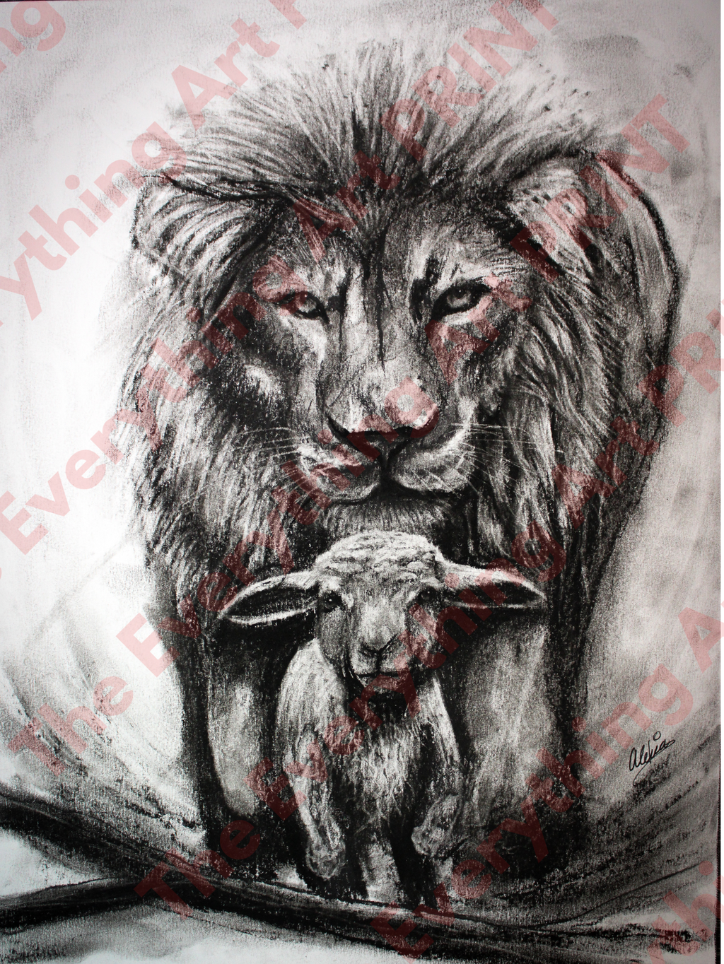 Charcoal Lion and Lamb Print