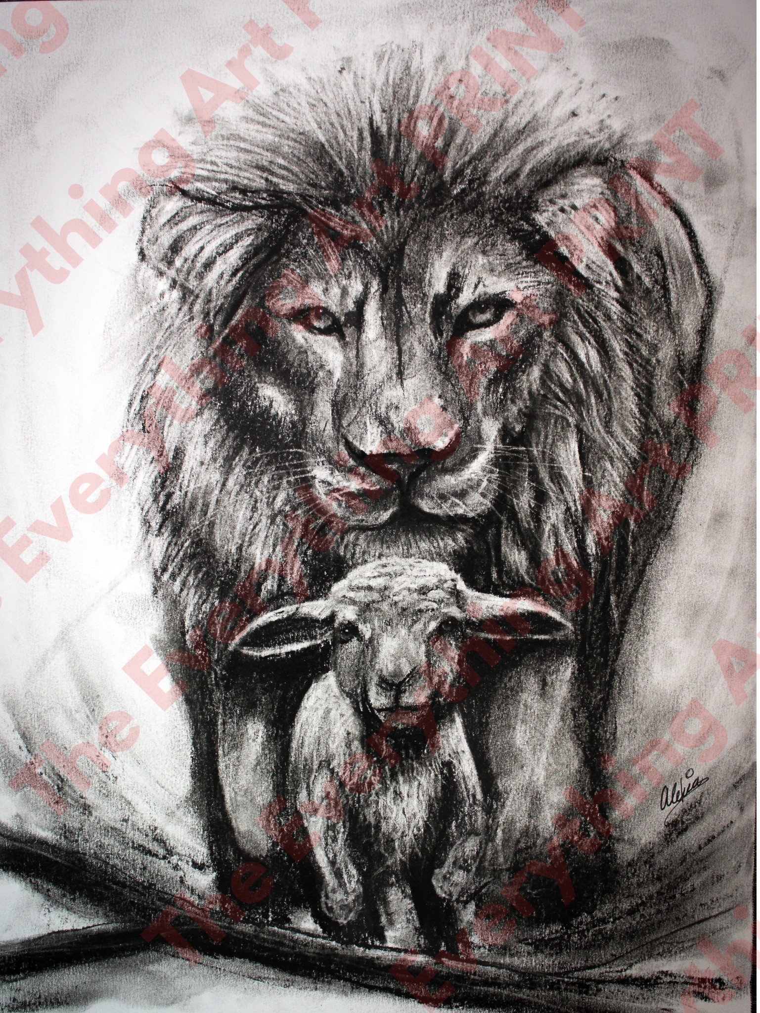 Charcoal Lion and Lamb Print